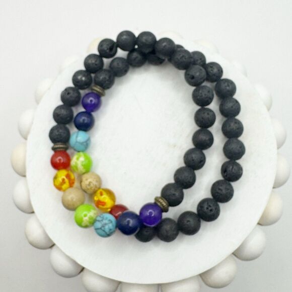 2 Lava Rock Diffuser Stretch Bracelets With Rainbow Stone Glass Beads Chakra - Picture 7 of 7